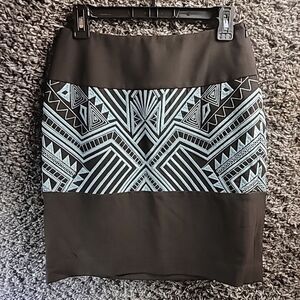 Etcetera Skirt Women's Sz 2 Brown w/aqua blue‎ Aztec Embroidered Straight